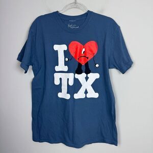 BAD BUNNY | Texas I Heart TX Blue Graphic Tee Tour Concert Unisex Size Large